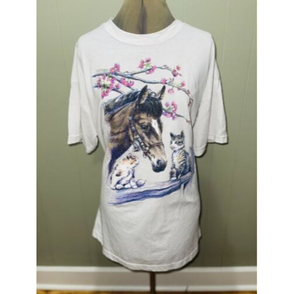 Vintage Animal Farm Barn Scene Horse Cat Flowers Womens 18W Shirt